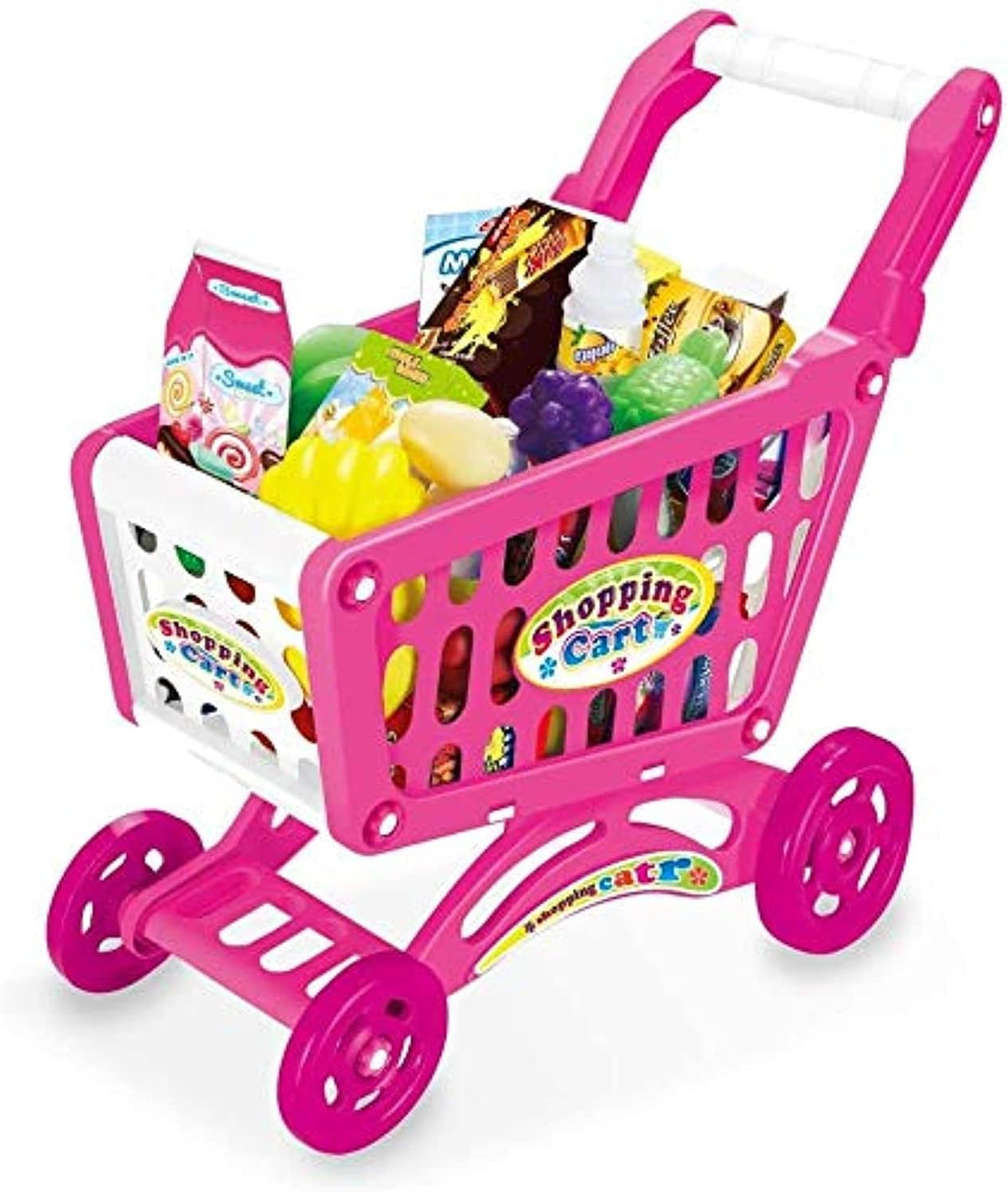 Kids Shopping Cart Trolley Toy Supermarket Playset Cart with Food Fruit Vegetables, Shopping Cards - Pretend to Play Role Play Educational Toy For Kids