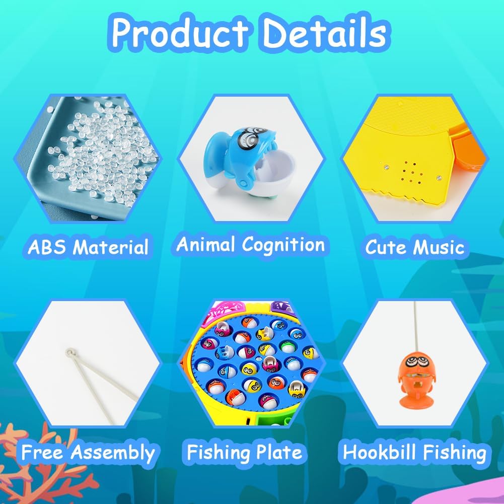 Fishing Game Toy Set with Rotating Board with Music Toys, Fish Game Toy with 15 Pcs  24 Pcs  45 Pcs Fishing Rods Toy Musical Montessori Educational Learning Toys for Boys Girls Children Toddlers