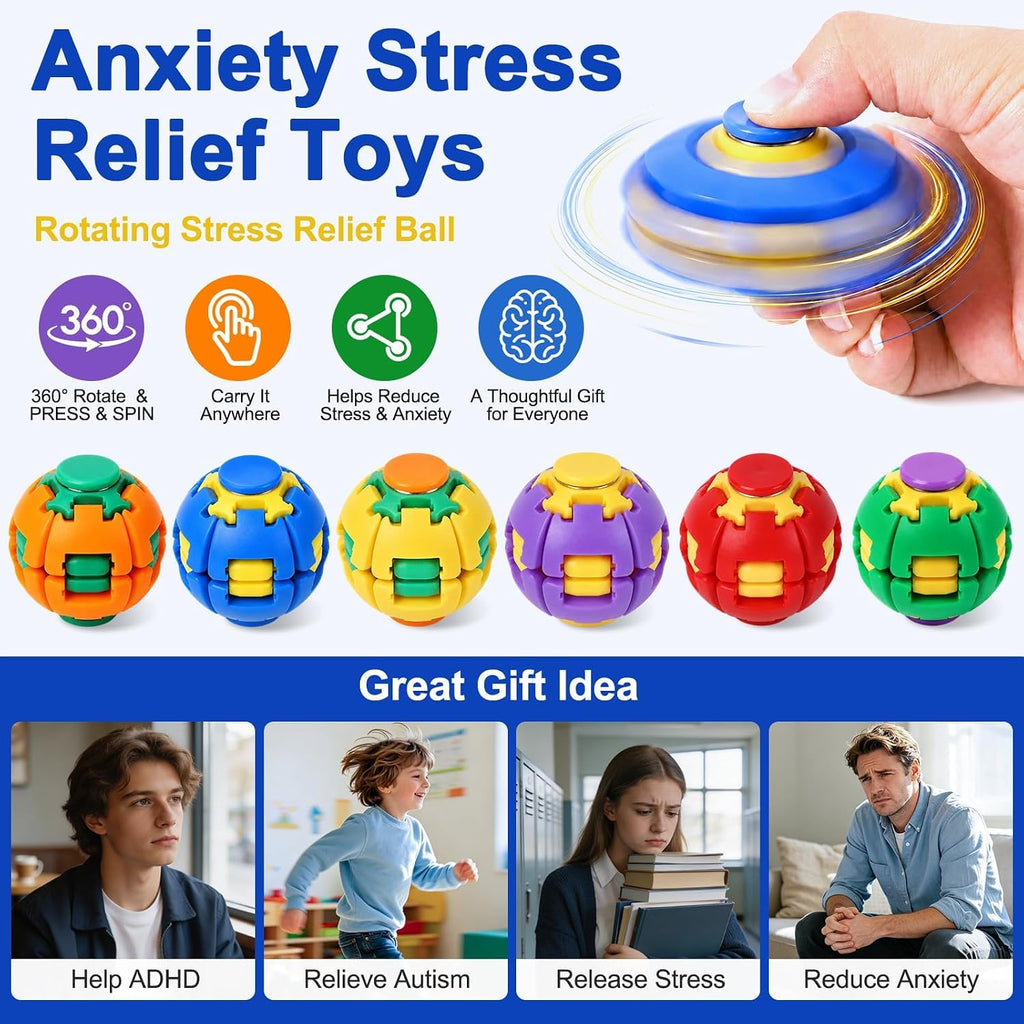 3D Printed Press to Spin Fidget Spinner, 3D Printed Press Fidget Spinner Ball, 360° Rotating Stress Relief Ball Gyro Puzzle, Fidget Toy for Kids & Adults, Magic Ball Spinner Cube Toy Random Color