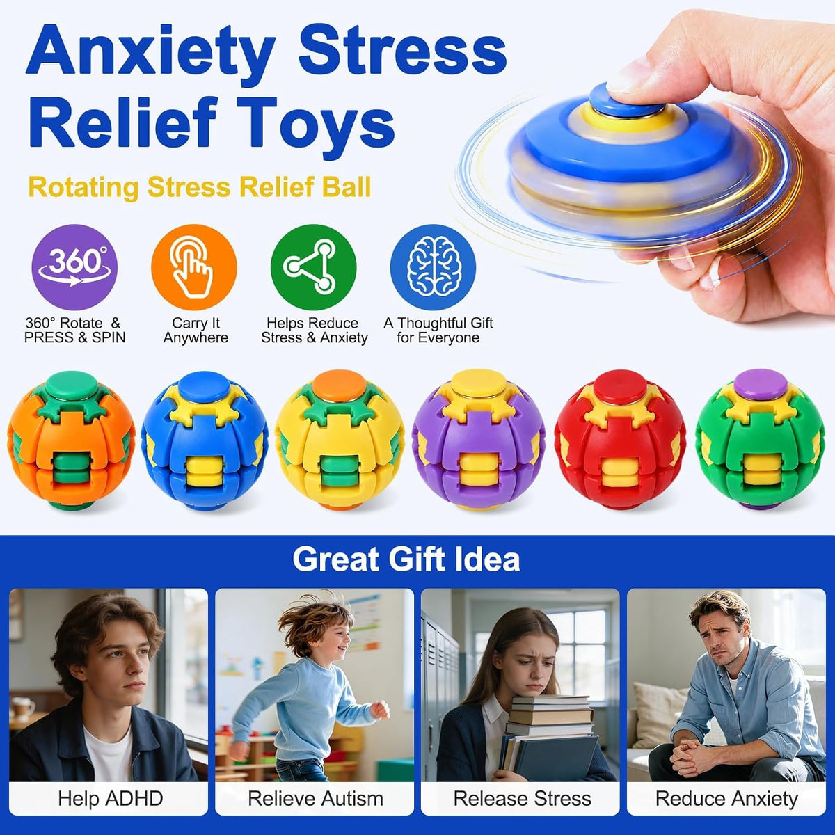 3D Printed Press to Spin Fidget Spinner, 3D Printed Press Fidget Spinner Ball, 360° Rotating Stress Relief Ball Gyro Puzzle, Fidget Toy for Kids & Adults, Magic Ball Spinner Cube Toy Random Color