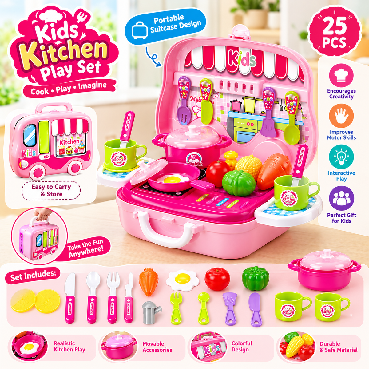 Kitchen Cooking Set For Kids Pretend Play Set Suitcase Portable Toys (25PCS)