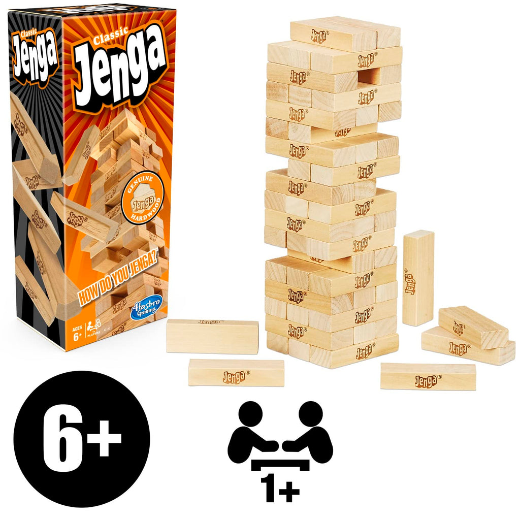 Classic Jenga Wooden Stacking Tower Board Game for Kids & Adults Genuine Hardwood Blocks, Stacking Tower Game for 1 or More Players
