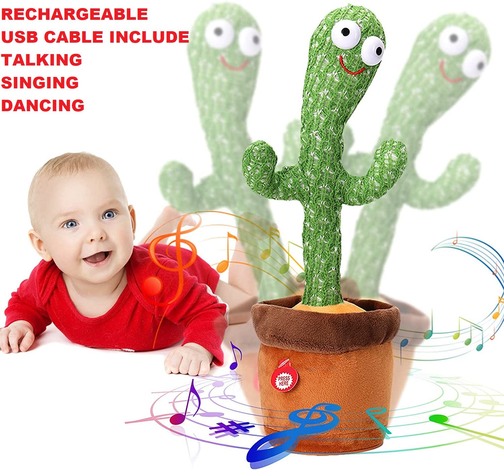 Rechargeable Dancing Cactus Talking Toy Rechargeable | Singing Plush Cactus, Voice Recording, Repeats What You Say, Music & Dancing Toy for Kids