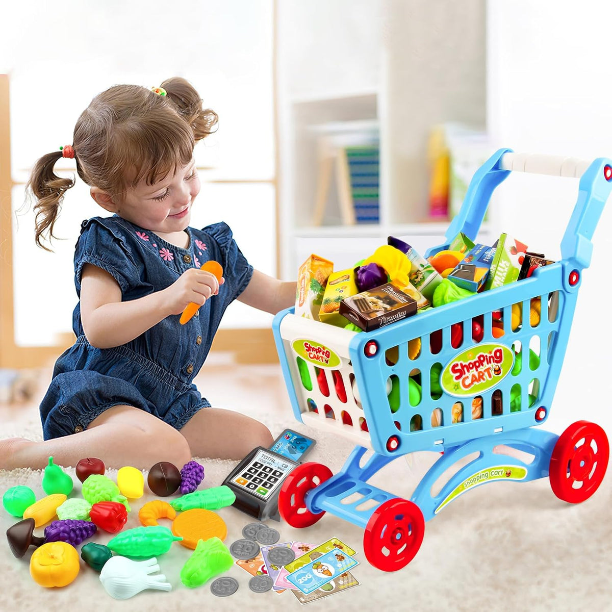 Kids Shopping Cart Trolley Toy Supermarket Playset Cart with Food Fruit Vegetables, Shopping Cards - Pretend to Play Role Play Educational Toy For Kids
