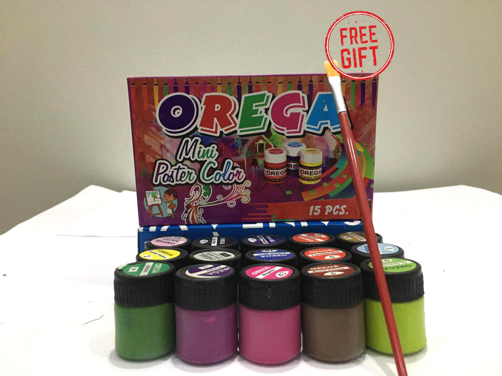 1 box of 15 Orega Poster Color + Free Gift 1 Paint Brush 15 different shades 15ml Each bottles Orega Colors Stationary Item For Girls