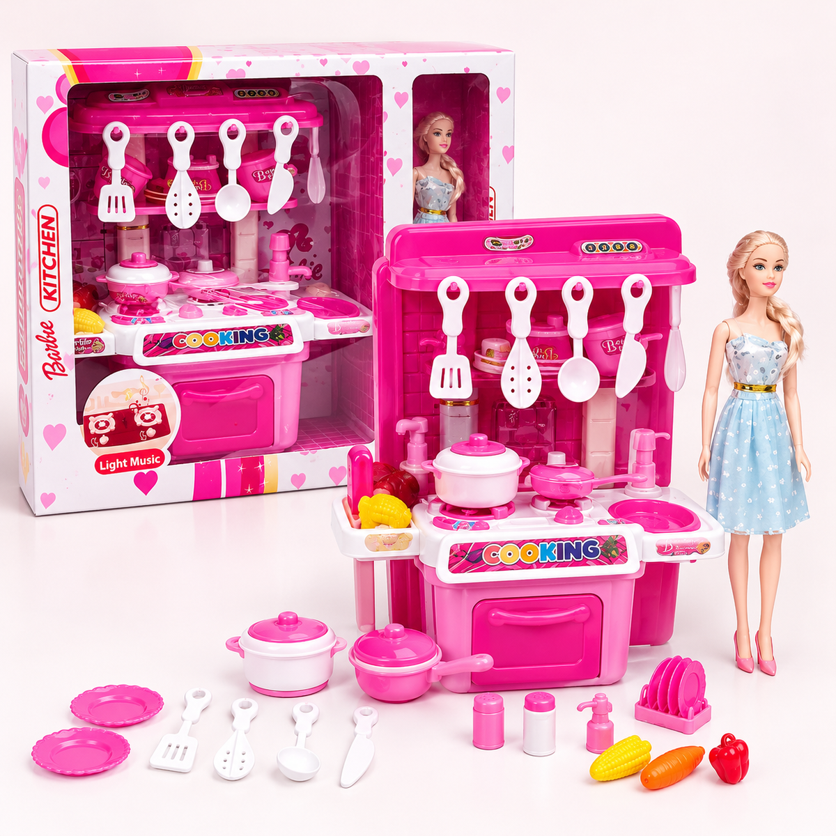 Kids Kitchen Play Set with Doll, Toy Cooking Set with Utensils, Pots, Pans & Pretend Play Accessories for Girls – Pink - Blue