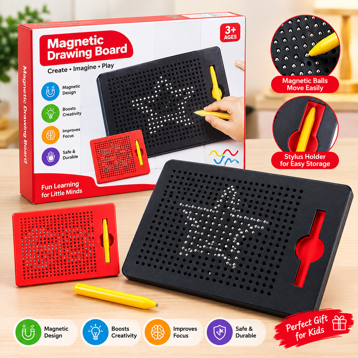 Magnetic Drawing Board for Kids with Magnetic Pen, Magnetic Bead Drawing Pad, Reusable Educational Learning Toy for Boys and Girls