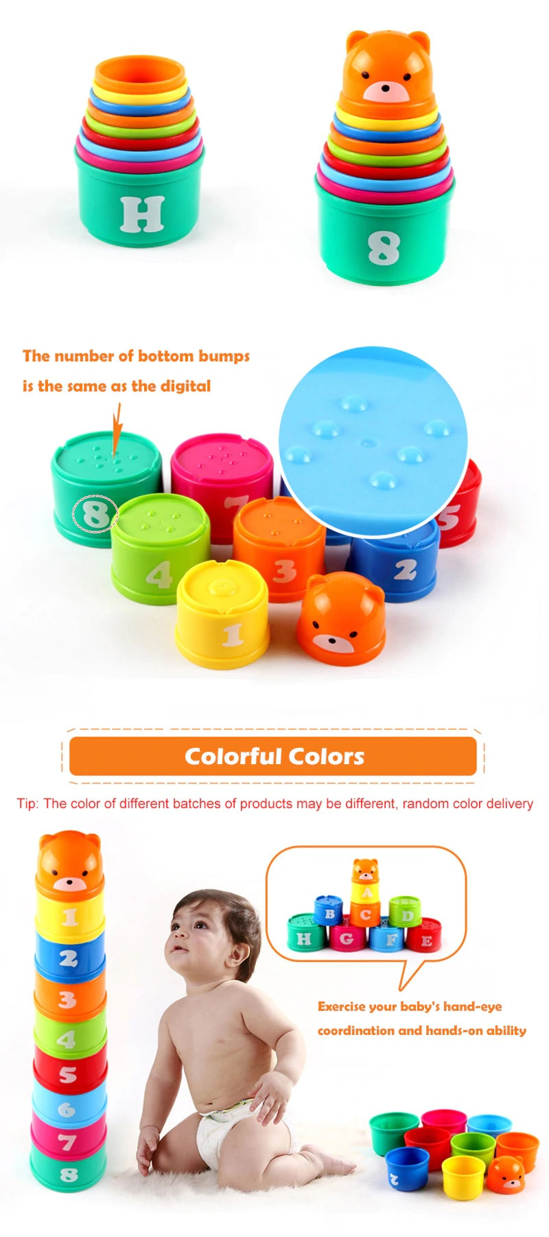 Rainbow Nesting & Stacking Cups Activity Baby Toddlers Building Set Stackers Pre-school Learning Toy For Indoor Outdoor Bathtub