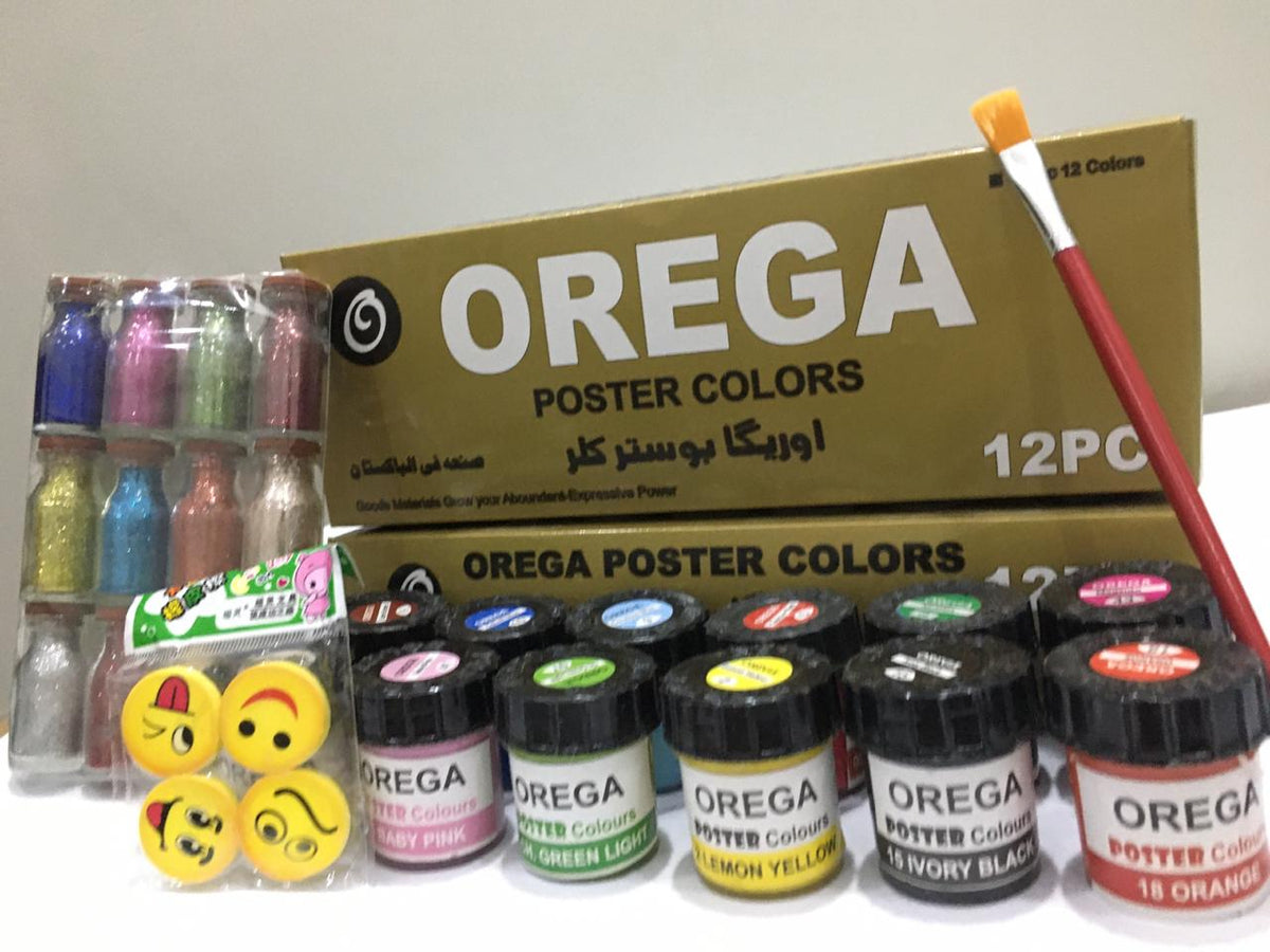 12 Orega Poster Color 12 Pcs Glitter Set  1 Paint Brush  12 different shades 30ml Each bottles Orega Colors Free Gift 4PCS Emoji Smile Face Eraser