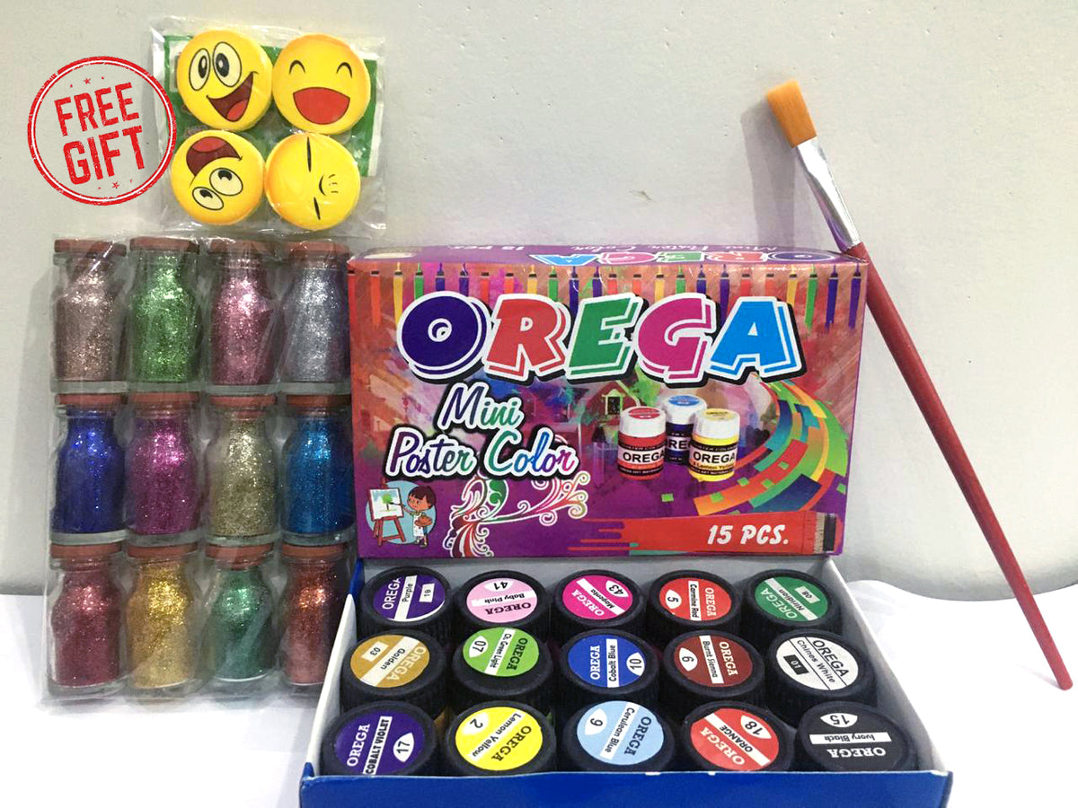 15 Orega Poster Color 12 Pcs Glitter Set  1 Paint Brush  15 different shades 15ml Each bottles Orega Colors Stationary Item For Girls